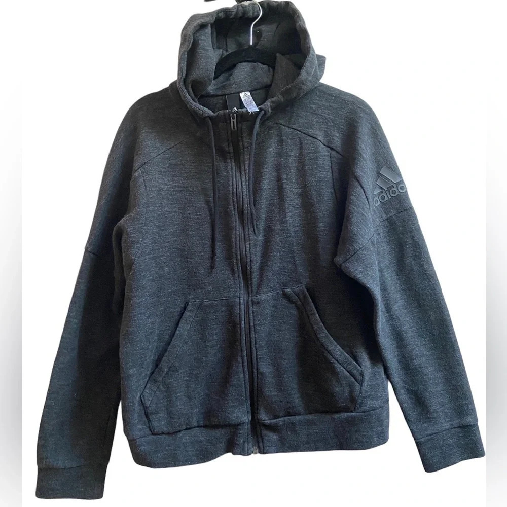 Adidas Full Zip Charcoal Grey Hoodie Athletic Sweatshirt Size M